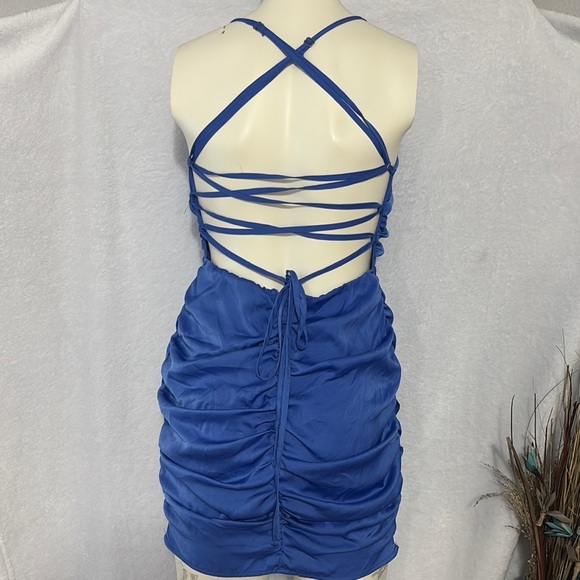 Blue Mini Dress Crisscross Back Sleeveless Ruched Bodycon Party Cocktail - Picture 3 of 7